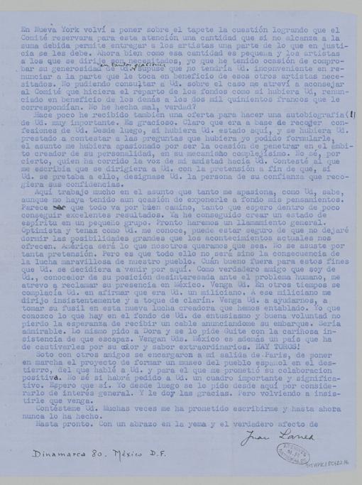 Larrea pide a Picasso el 21 de diciembre de 1939 que vaya a vivir a México y colabore aún más con la lucha del exilio