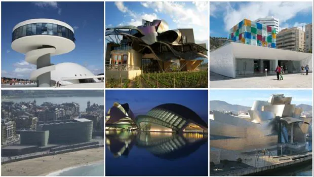 De izquierda a derecha y de arriba a abajo: Centro Niemeyer de Avilés, Bodegas del Marqués de Riscal (Álava), Centro Pompidou de Málaga, Kursaal (San Sebastián), Ciudad de las Artes y las Ciencias (Valencia) y Museo Guggenheim