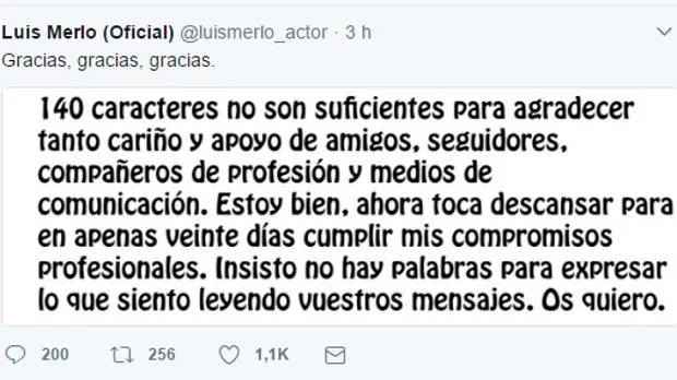 El mensaje de Twitter publicado por Luis Merlo