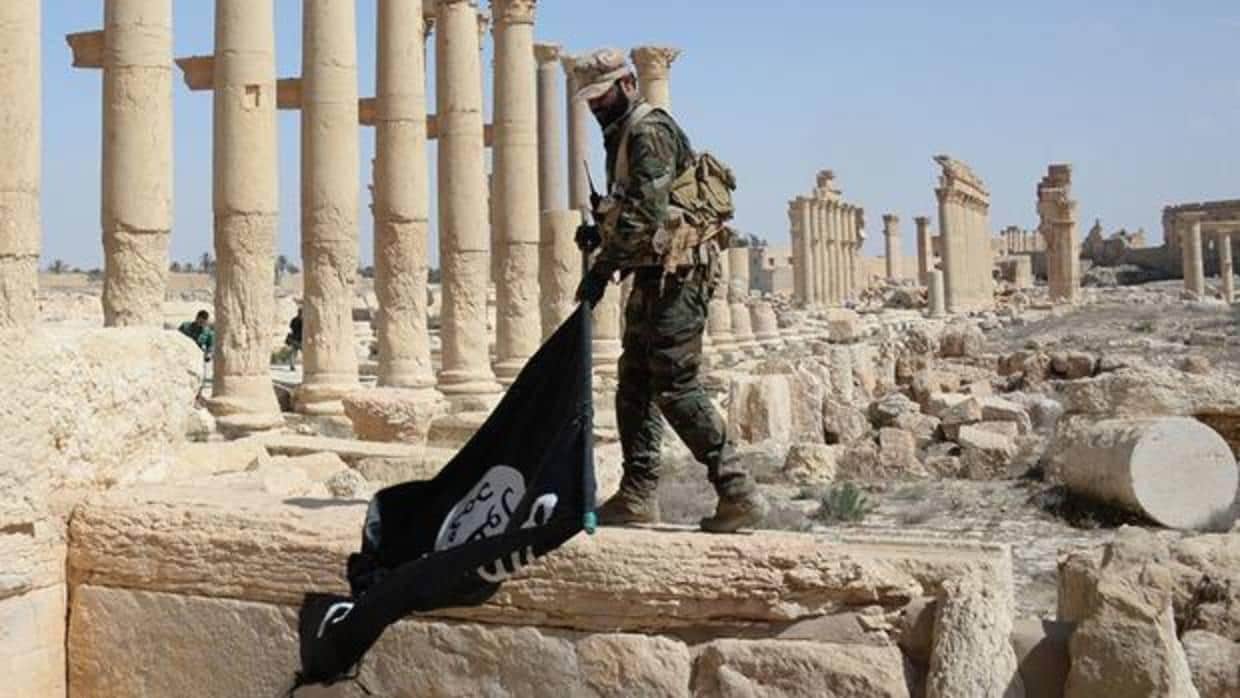 Un soldado sirio quita una bandera del «califato» en las ruinas de Palmira