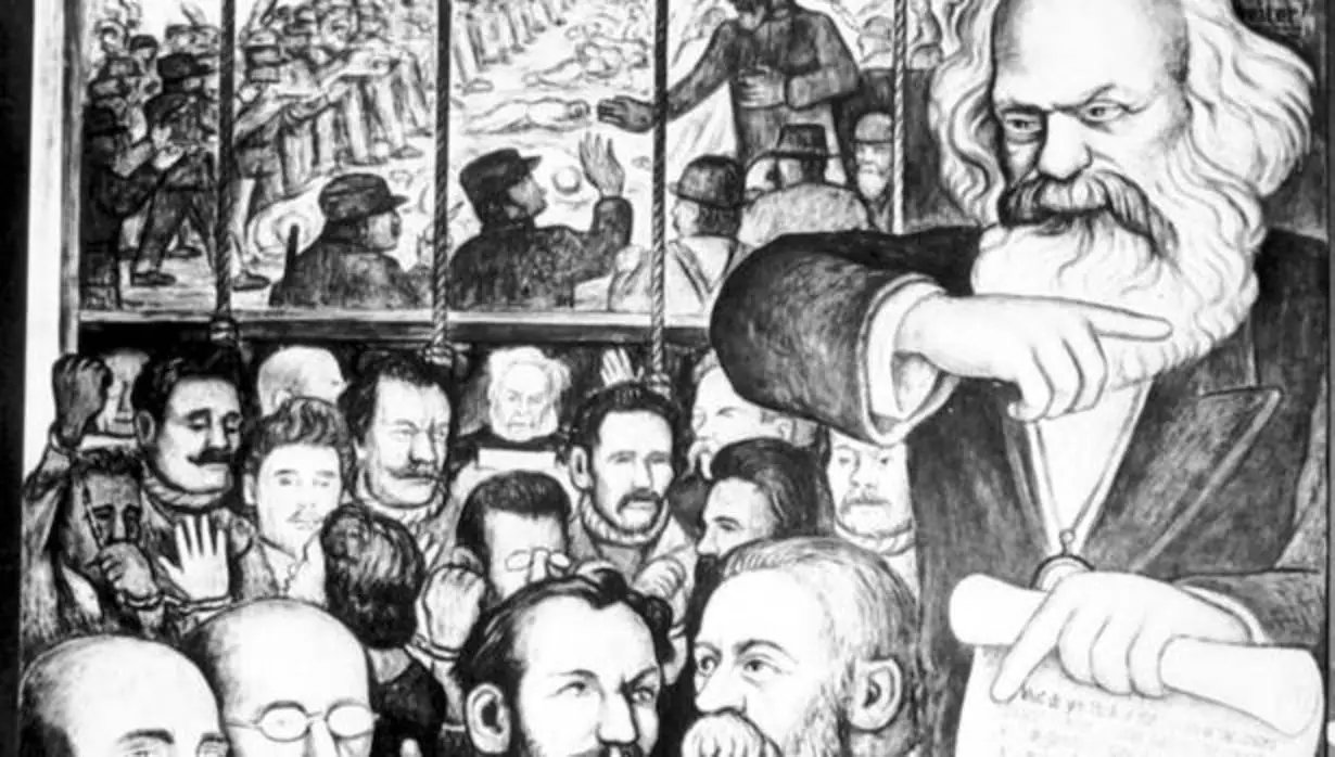 Detalle del mural de Diego Rivera con Marx y los mártires de Haymarket