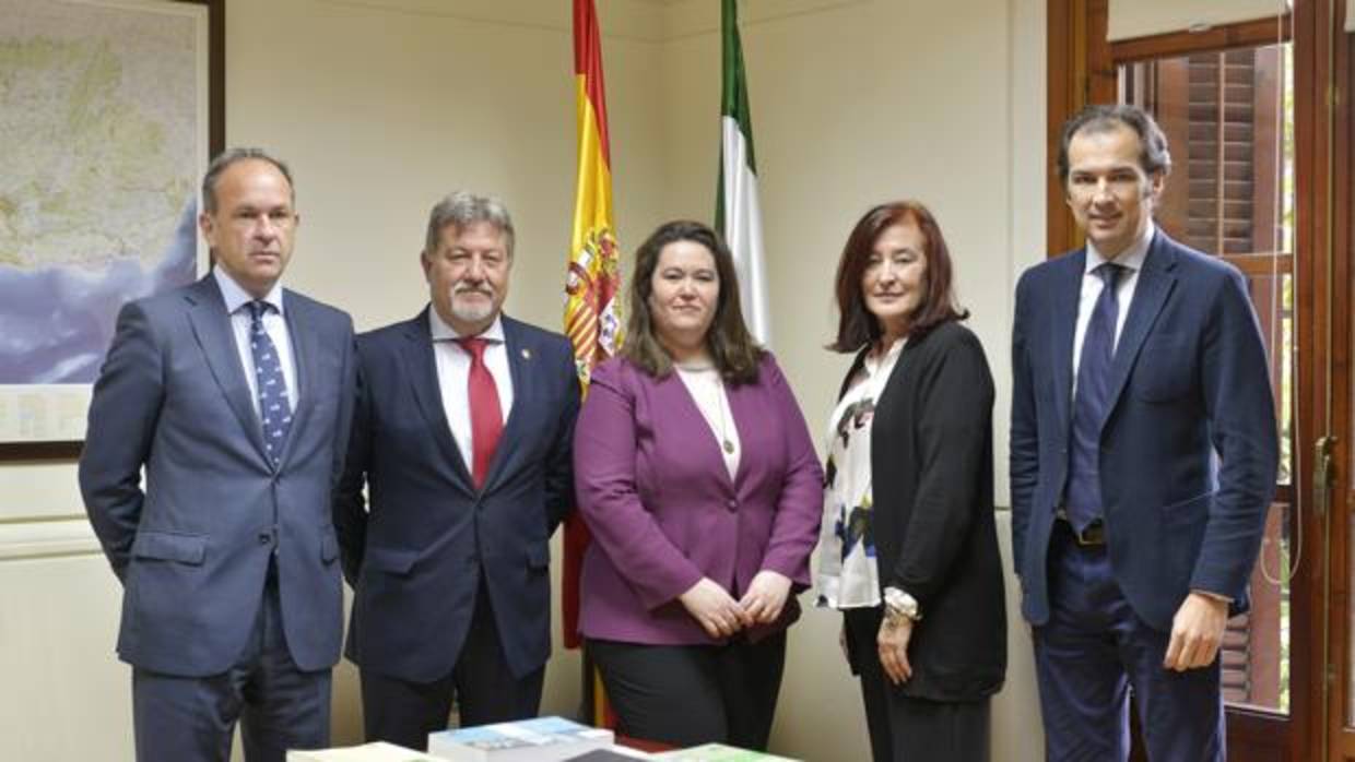 Anabel Moreno, segunda por la derecha, con el equipo de presidentes y la delegada de Gobierno en Sevilla