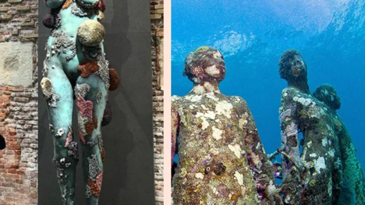 A la izquierda, figura creada por Hirst expuesta en Venecia durante la pasada bienal. A la derecha, esculturas submarinas de Jason deCaires con las que guarda un parecido sospechoso