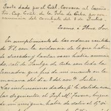 Primera página del parte de Guerra del almirante Cervera, de la batalla naval de Santiago de Cuba, en 1898