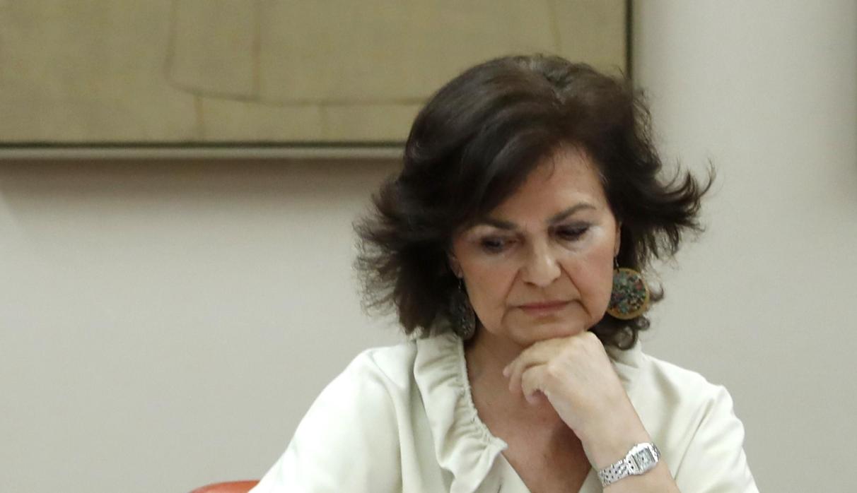 La vicepresidenta Carmen Calvo, durante su comparecencia ante la Comisión de Igualdad en el Congreso