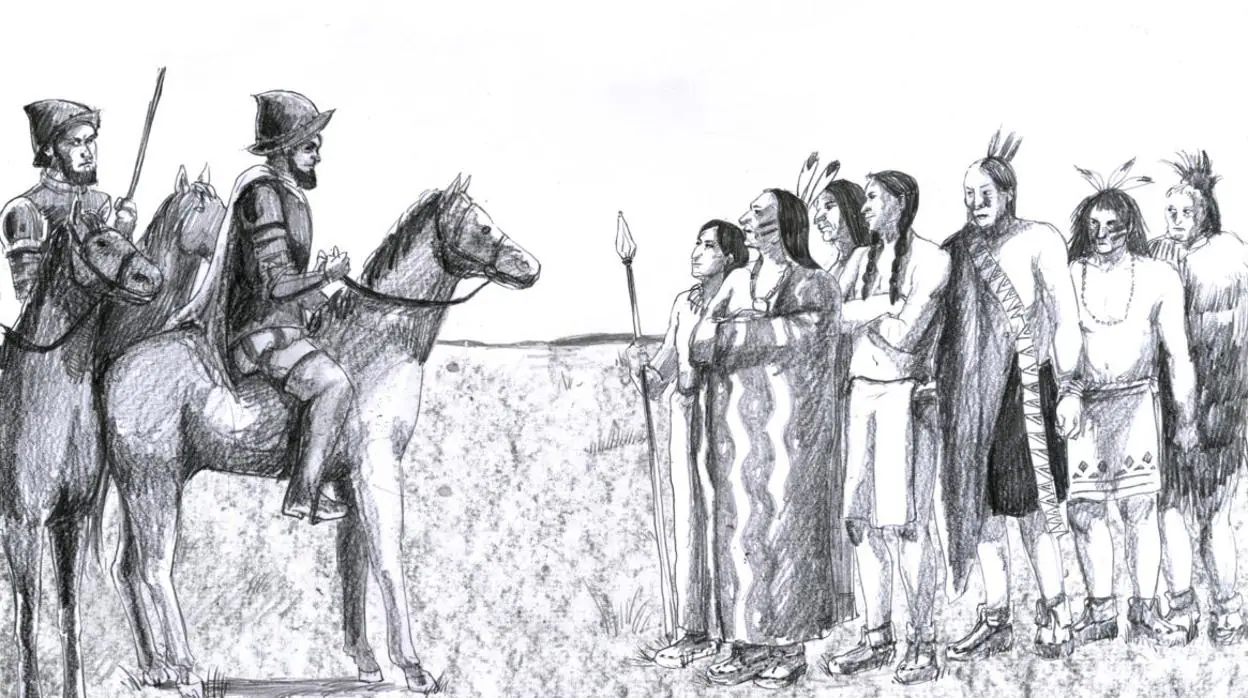 Ilustración que muestra el encuentro entre los españoles liderados por Juan de Oñate y los habitantes de Etzanoa