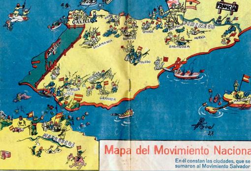 Cómic de «Mapa del Movimiento Nacional», de Mariano Vilaseca, publicado en 1938
