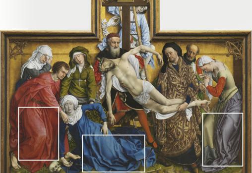 Los tres fragmentos del «Descendimiento» de Van der Weyden, que serán instalados el próximo lunes en la fachada norte (puerta de Goya)