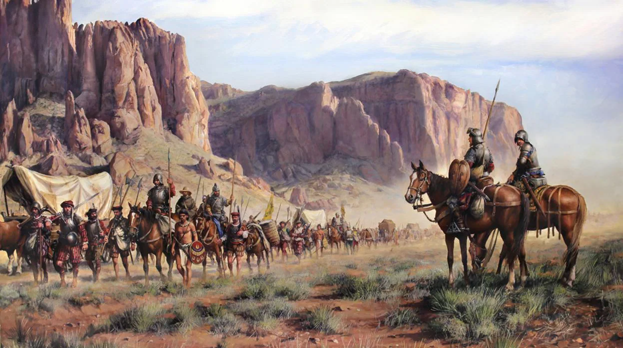 Coincidiendo con los hallazgos arqueológicos en Nuevo México, el pintor de batallas, Augusto Ferrer-Dalmau, pone imagen a otro episodio de nuestra historia: la expedición de Coronado