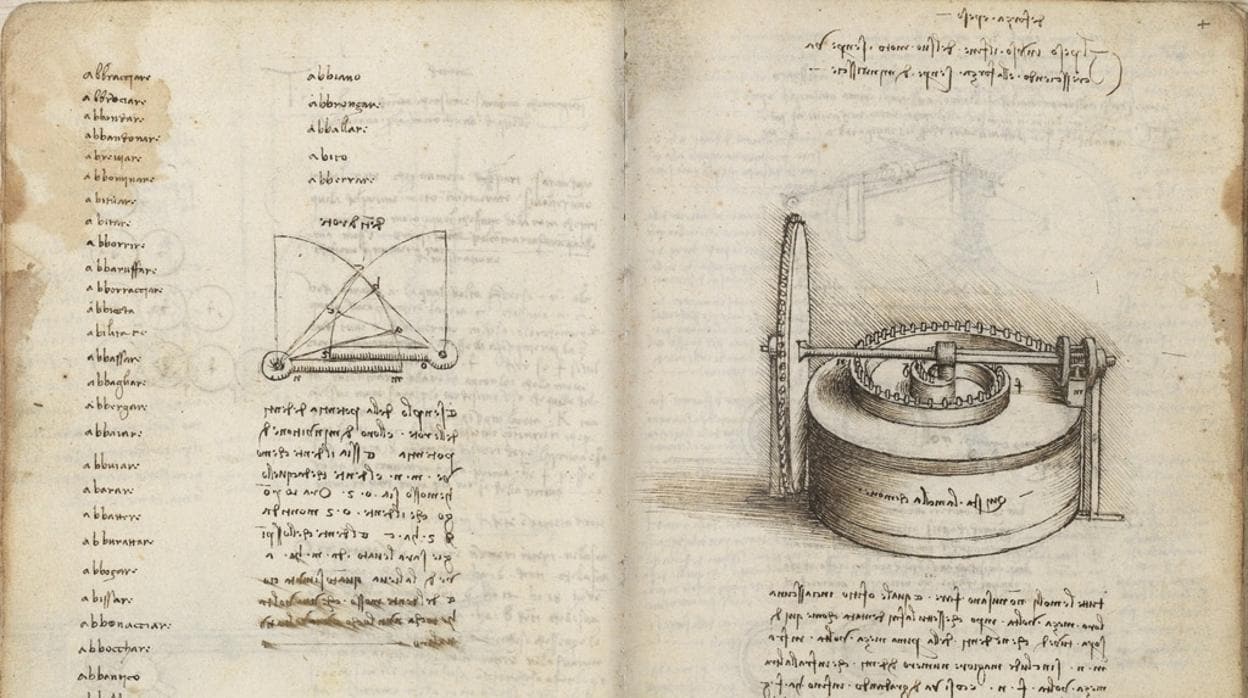 Páginas del «Tratado de estática y mechanica» con los dibujos y anotaciones del genio renacentista