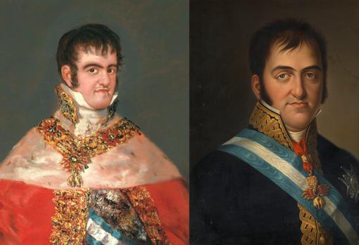A la izquierda, «Fernando VII con manto real», de Goya (1814-15). A la derecha, «Fernando VII», de Luis de la Cruz y Ríos (hacia 1825).