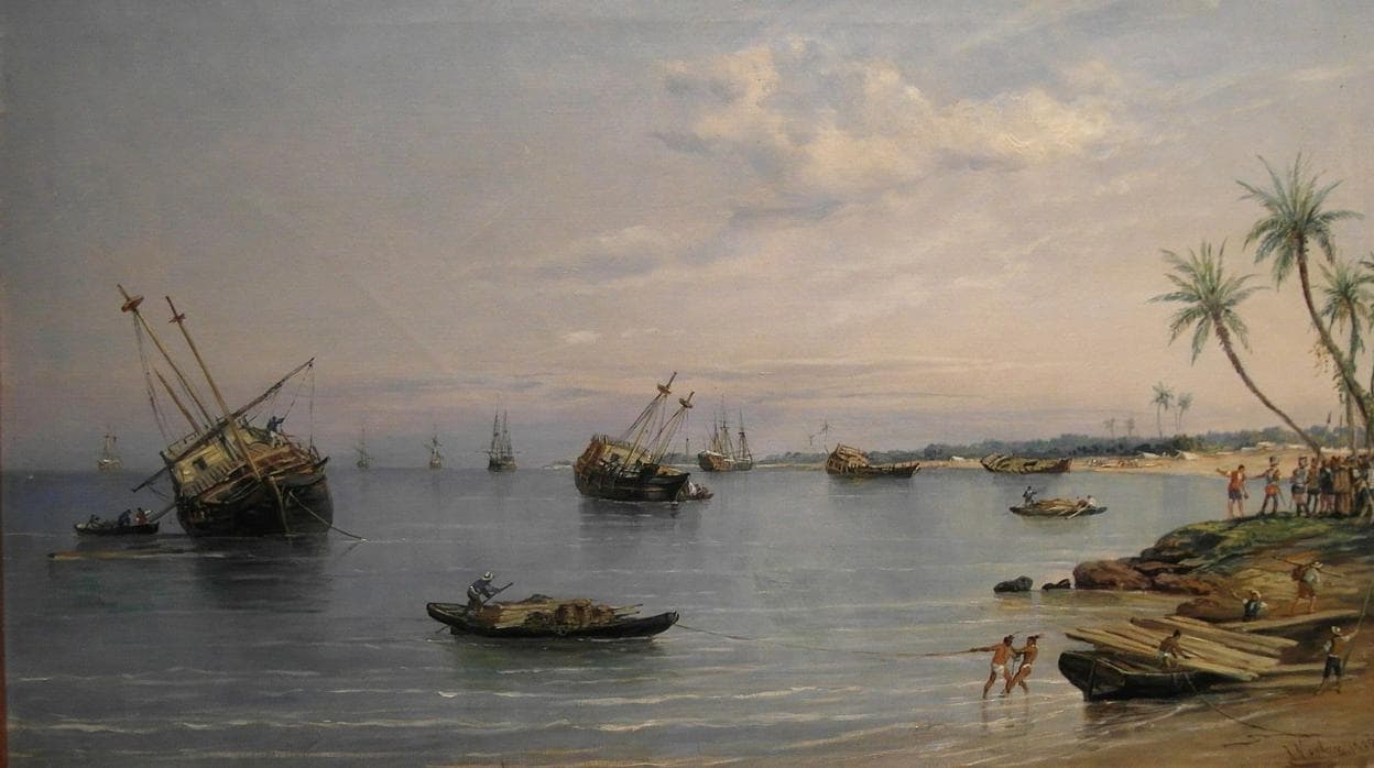 Hernán Cortés ordena dar al través sus navíos, por Rafael de Monleón y Torres (1887)