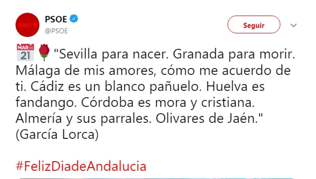 Tuit del PSOE en el que citaba erróneamente a Lorca