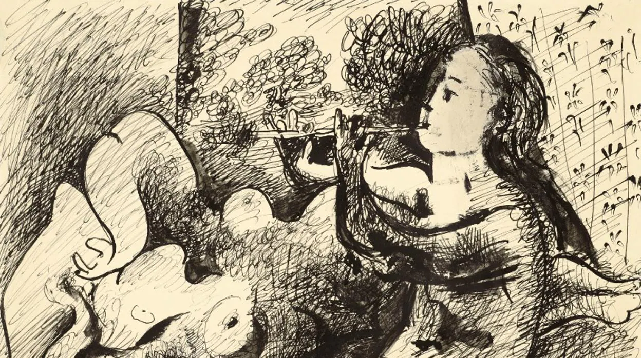 Detalle del dibujo «Jouese de flûte et nu couché» de Picasso que saldrá a subasta en París