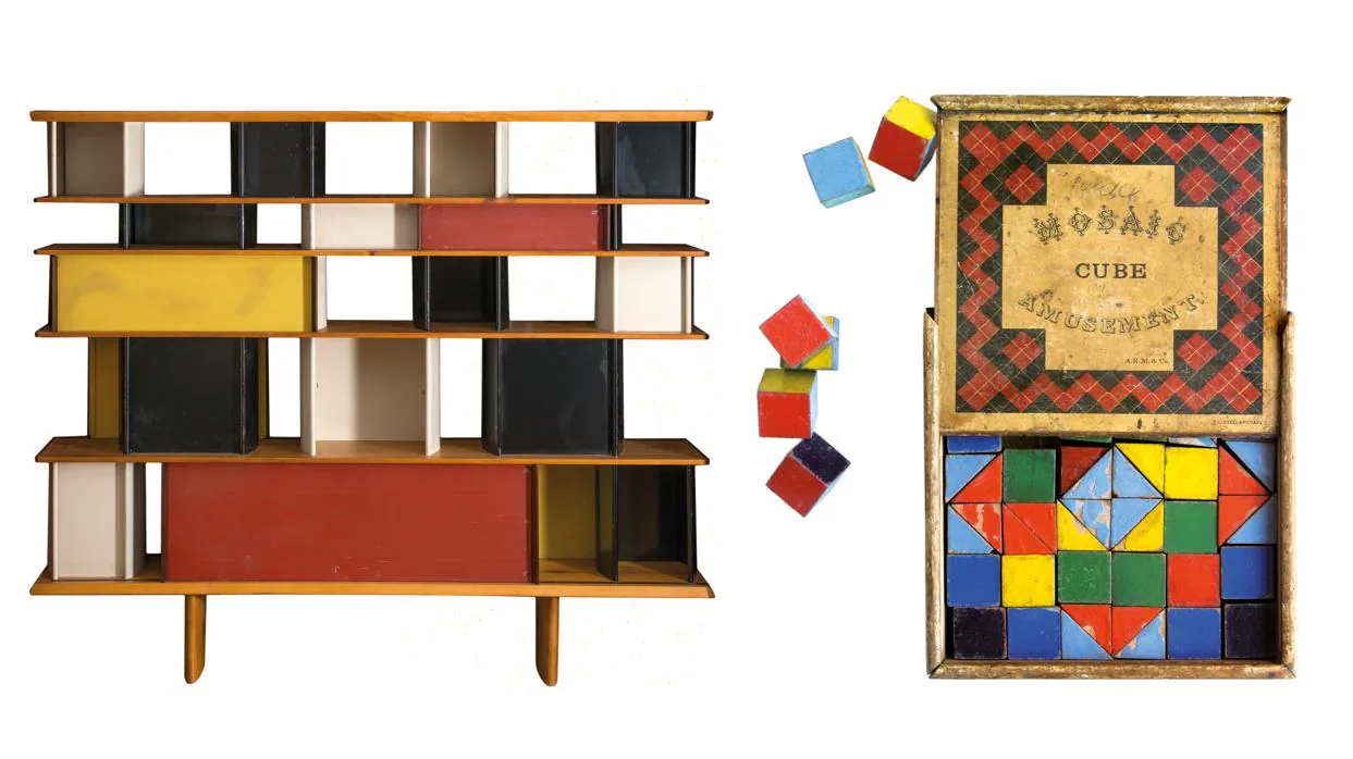A la izquierda, mueble-biblioteca de Charlotte Perriand para la Casa de México de París (Colección Adolfo Autric) y, a la derecha, juego de cubos para hacer mosaicos (Colección Juan Bordes)