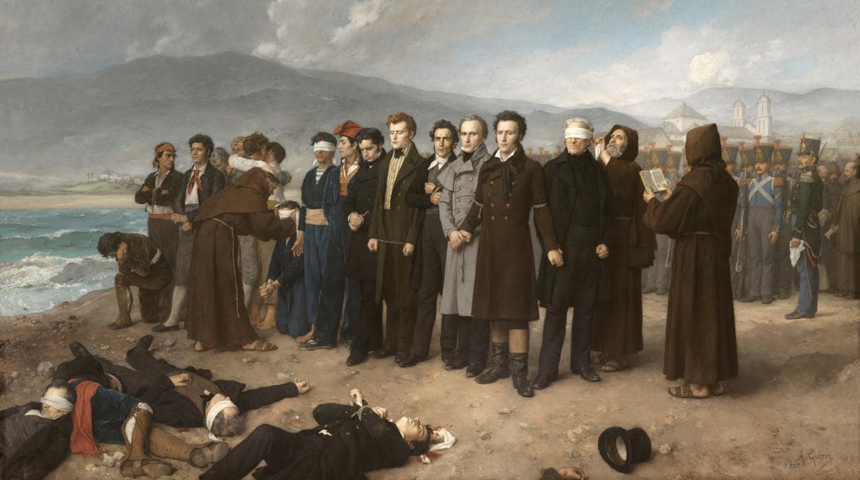 «Fusilamiento de Torrijos y sus compañeros en las playas de Málaga», de Antonio Gisbert. Óleo sobre lienzo, 390 por 601 centímetros, 1888