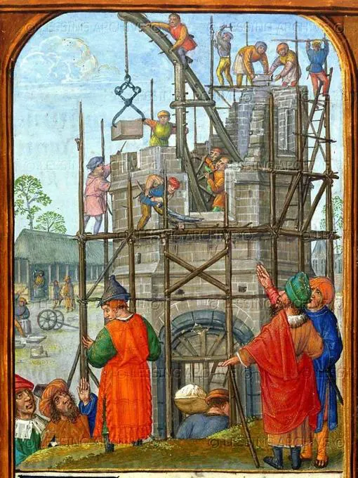 Miniatura con constructores medievales