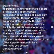 Jonas Kaufmann cancela sus actuaciones por un atragantamiento