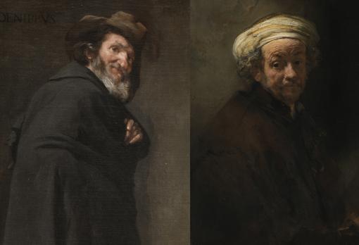 A la izquierda, «Menipo», de Velázquez (Museo del Prado). A la derecha, «Autorretrato como el apóstol san Pablo», de Rembrandt (Rijksmuseum, Ámsterdam)