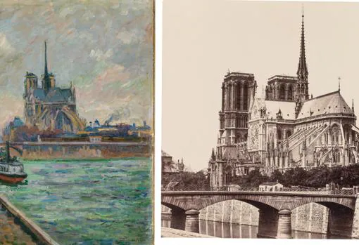 A la izquierda, detalle de «El puente del Azobispado y el ábside de Notre Dame de París», h. 1880, de Guillaumin. A la derecha, «Vista posterior de Notre Dame de París, 1860-70, de Baldus