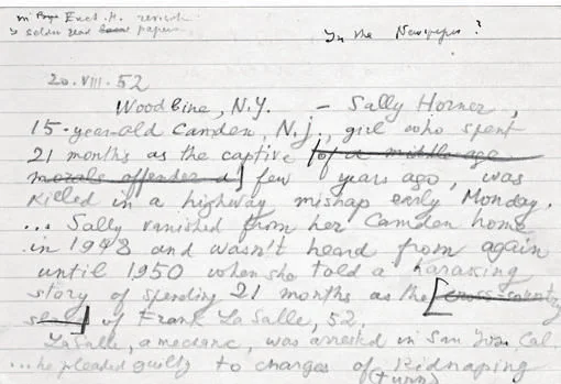Nota manuscrita, fechada el 20 de agosto de 1952, en la que Nabokov menciona a Sally Horner y Frank La Salle (sic)