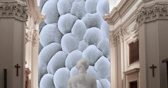 Infografía con el montaje de la muestra en la Capilla de los Arquitectos