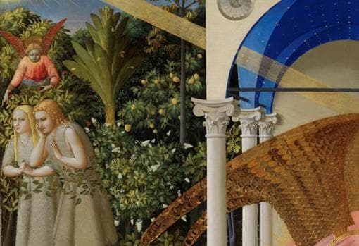 Detalle de «La Anunciación», de Fra Angelico. En el jardín del Edén hay una higuera. Adán y Eva ciñen su talle con la hierba de los pordioseros