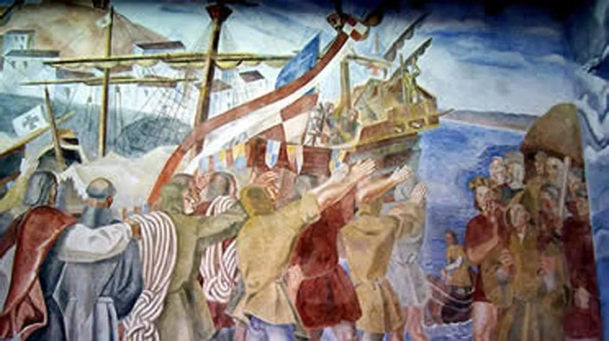 Fragmento de los frescos de La Rábida donde las naves parten hacia el Nuevo Mundo