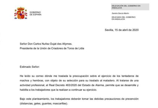 Carta enviada por la Delegación del Gobierno en Andalucía a Carlos Núñez