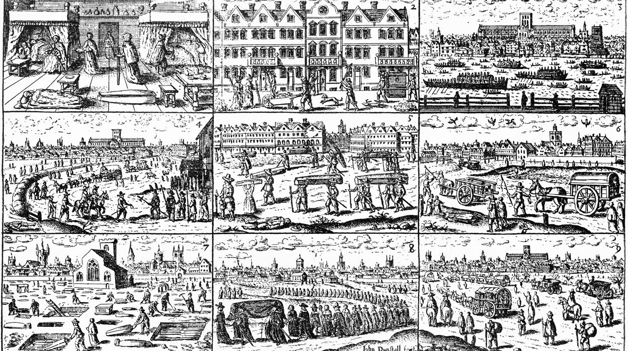Grabado de época que muestra escenas de la peste que asoló Londres en el siglo XVII