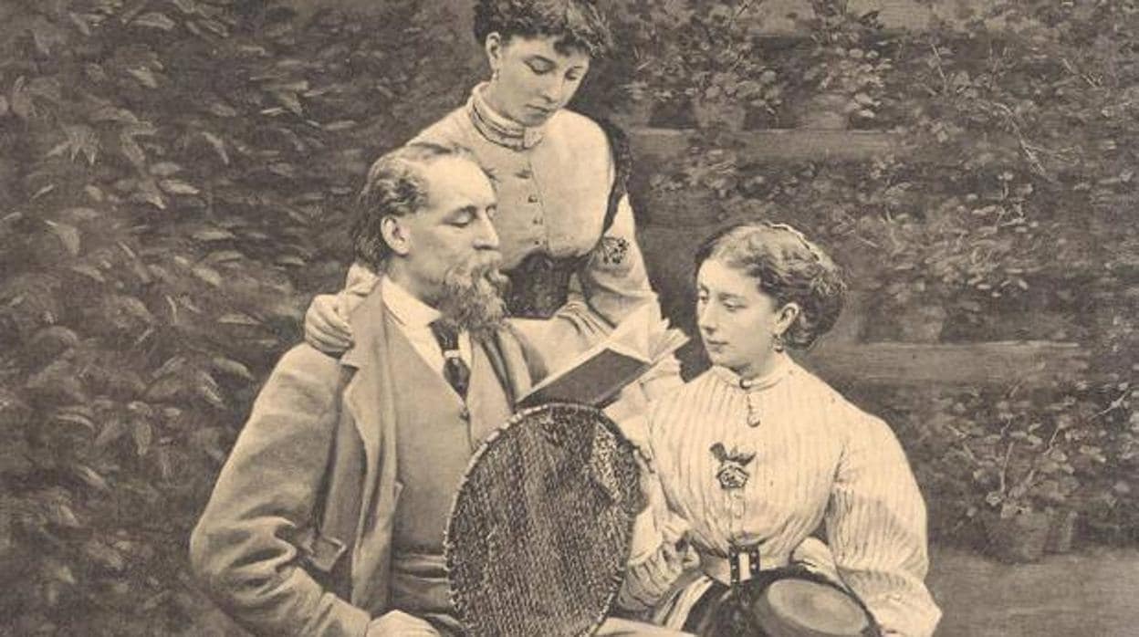 Dickens leyendo a sus hijas Mary y Kate en el jardín de su mansión