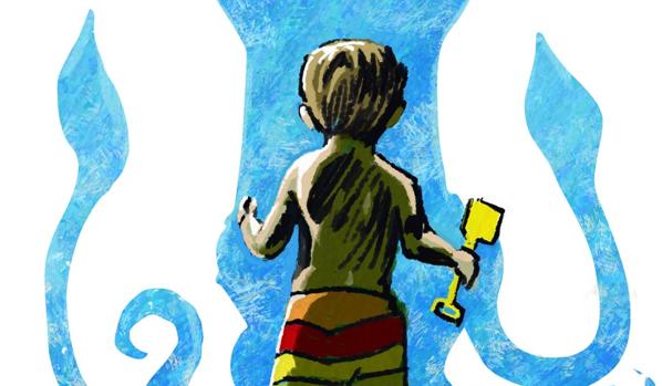 Niño sobre fondo azul radiante