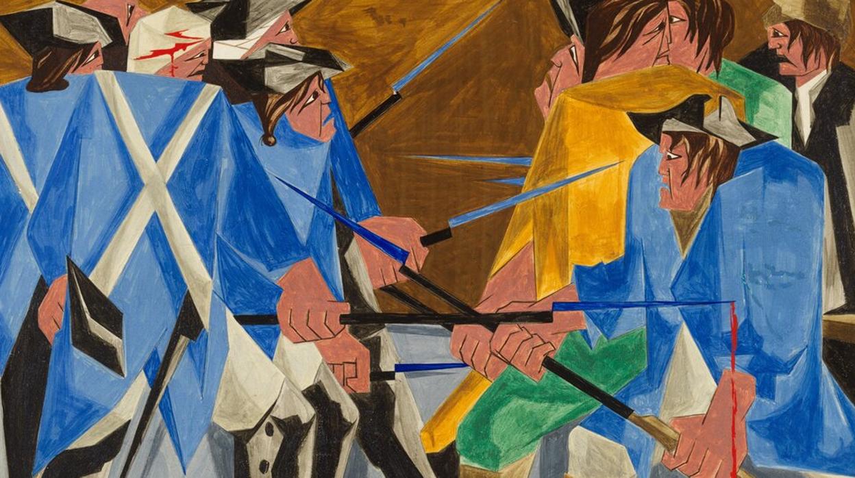 Detalle de la obra recuperada de Jacob Lawrence, que representa un levantamiento de agricultores estadounidenses en Massachusetts