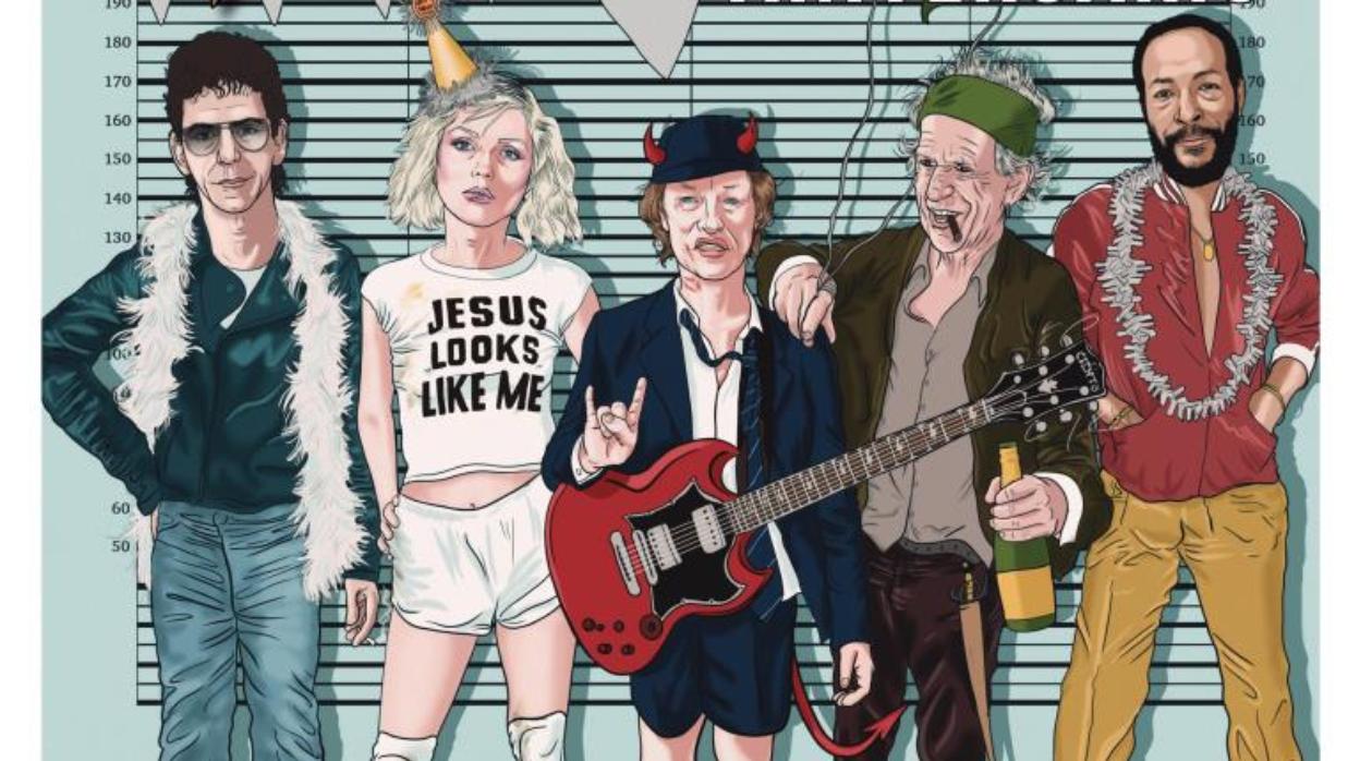 Caricaturas de Lou Reed, Debbie Harry, Angus Young, Keith RIchards y Marvin Gaye en la portada del número especial de 35 aniversario de Ruta66c