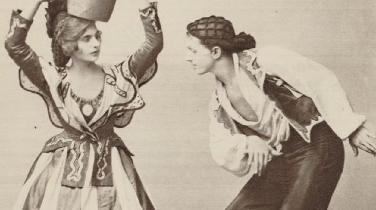 Foto de estudio previa al estreno de «El sombrero de tres picos» en Londres. Aparecen Vera Nemtchinova y, posiblemente, Félix García
