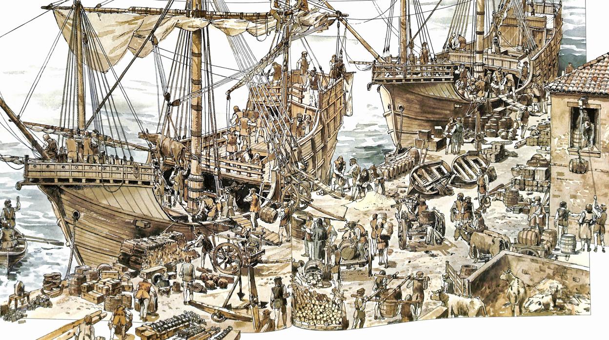 La ilustración recrea la preparación de la expedición de Magallanes