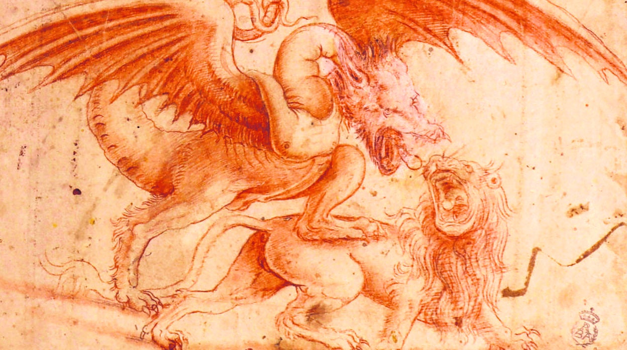 ‘Combate entre un dragón y un león’. Preciosa copia del original perdido de Leonardo fechada en 1530, probablemente la más original y antigua