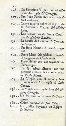 Hoja del catálogo de 1821 de la Academia de Bellas Artes donde figura un ‘Ecce-Hommo con dos saiones de Carabaggio’ (número 155)