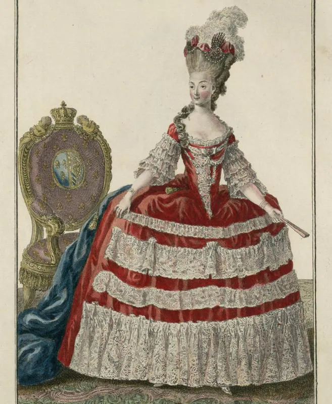 Charles Emanuel Patas. “María Antonieta en traje de corte”. Galería de modas y trajes franceses. Hacia 1780. Biblioteca Nacional de Francia