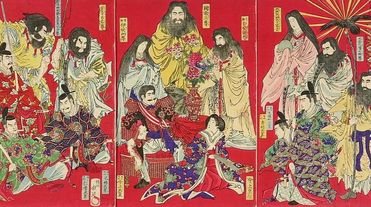 Representación de los kami, los miles de dioses del sintoísmo tradicional, con el emperador