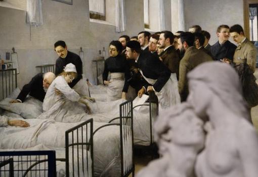 Fragmento de 'Una sala del hospital durante la visita del médico en jefe', de Luis Jiménez Aranda, una de las pinturas sociales que se incorporan a la museografía del XIX