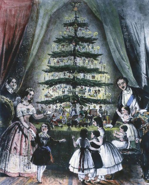 Imagen coloreada de la ilustración original del árbol navideño de la reina Victoria publicada en el Illustrated London News de 1846