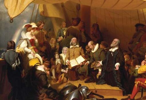 Embarkation of the Pilgrims. Óleo sobre lienzo de Robert Walter Weir pintado en 1857, que representa a los puritanos ingleses con William Bradford zarpando desde su exilio temporal en Holanda. Brooklyn Museum, New York