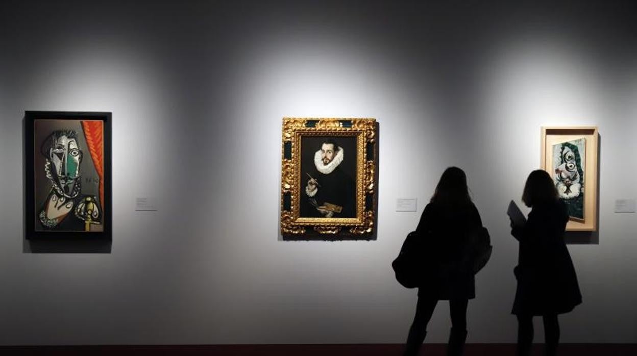 De izquierda a derecha, 'Busto de hombre', de Picasso; 'Retrato de Jorge Manuel Theotocopuli', de El Greco, y 'Cabeza de mosquetero', de Picasso