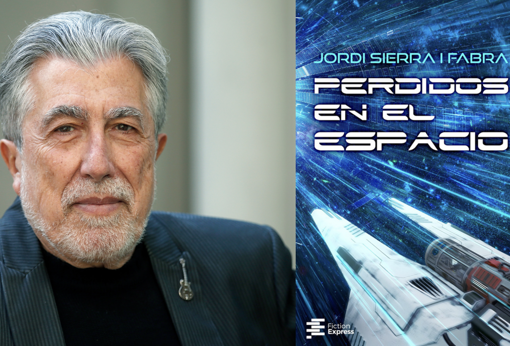 Jordi Sierra i Fabra junto al libro que ha creado con Fiction Express