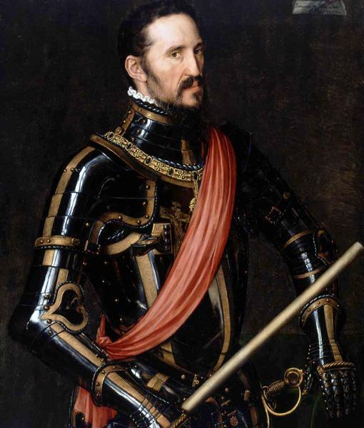 Antonio Moro. Retrato del Duque de Alba. 1549. Hispanic Society of America. Nueva York. Wikimedia Commons Don Fernando Álvarez de Toledo y Pimentel, III duque de Alba, está considerado uno de los grandes militares de la historia de España. Fue una figura muy cercana a Carlos V y Felipe II ya que ejerció el puesto de Mayordomo Mayor de ambos, además de participar activamente en numerosos conflictos bélicos. Felipe II le nombró Gobernador de los Países Bajos en 1567. Tras la llamada Tormenta de las imágenes en la que se destruyeron y quemaron numerosos templos y estatuas católicas por parte de los calvinistas, el duque “de hierro” sofocó varias revueltas con gran rigor e impuso unas mil condenas a muerte. La leyenda negra le acusó (falsamente) de ser un monstruo devorador de niños vivos