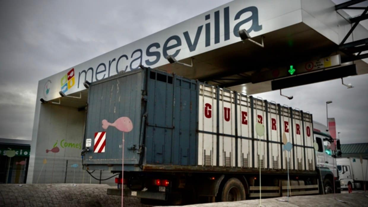 Imagen de archivo de un camión de reses bravas entrando en Mercasevilla