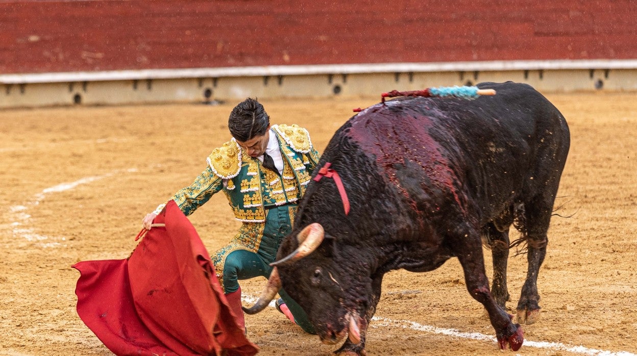 Pablo Aguado, en un muletazo rodilla en tierra