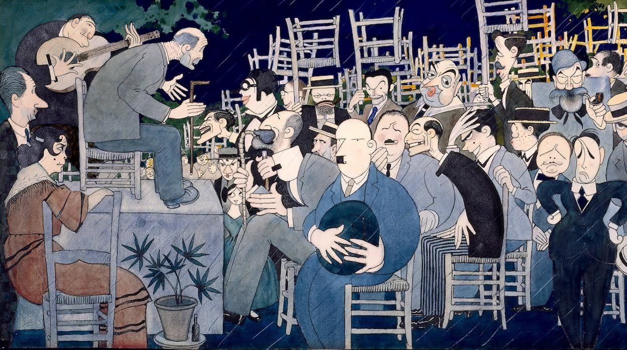 Caricutura de la segunda jornada del Concurso de Cante Jondo de Granada de 1922, con El Tenazas cantando, en medio de la tormenta que cayó