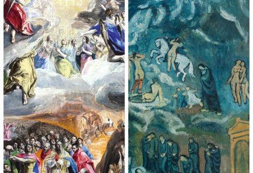A la izquierda, 'La adoración del nombre de Jesús', de El Greco. A la derecha, 'Evocación (el entierro de Casagemas)', de Picasso